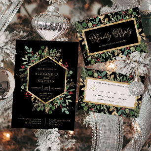 Invitation Tout En Un Noël Vert doré sur Mariage noir