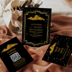Invitation Mariage des étoiles célestes mystiques d'or noir
