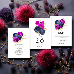 Invitation Magenta Navy et or Floral Mariage QR Code Rsvp