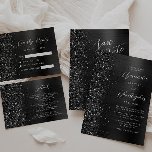 Invitation Mariage écriture pailletée métal brossé noir Glam