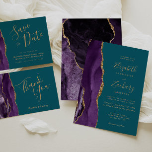 Invitation Moderne Purple Gold Agate Mariage Turquoise