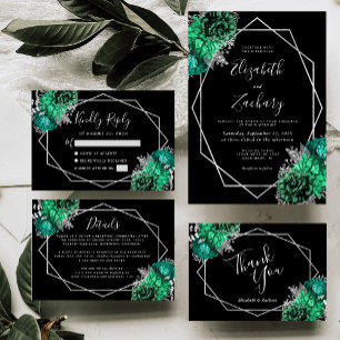 Invitation Mariage noir Emerald Green Floral Argent Frame