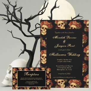 Invitation Crâne gothique Roses rouges noires Mariage d'Hallo