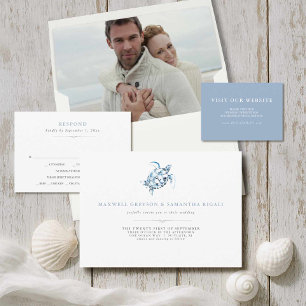 Invitation Plage Mariage bleu Aquarelle Seahorses
