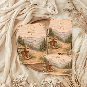 Invitation Mariage en bottes de cow-boy de la forêt montagneu