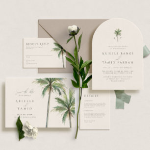 Invitation Devonport Monogram Moderne Aquarelle Palm Mariage