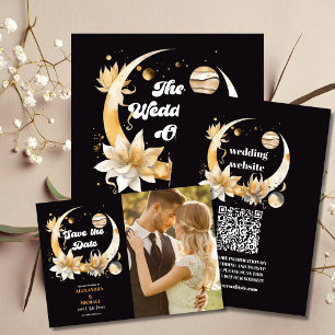 Invitation Photo Mystical Black Gold Celestial Stars Mariage