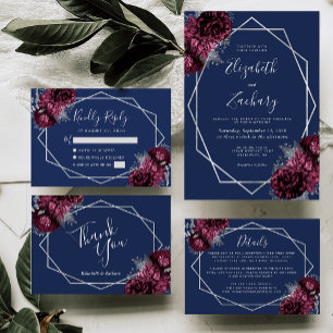 Invitation Burgundy Silver Floral Navy Mariage bleu