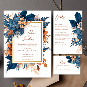 Carte D'accompagnement Elégant Indigo Rust Floral Détails du Mariage
