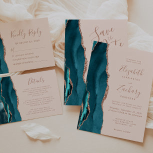 Invitation Rose Turquoise chic Gold Agate Blush Rose Mariage