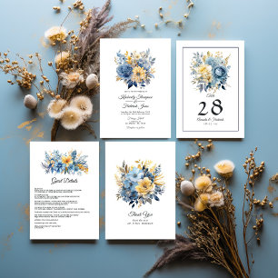 Invitation Mariage floral bleu et or Dusty