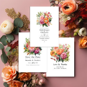 Invitation Mariage floral rose, orange et vert