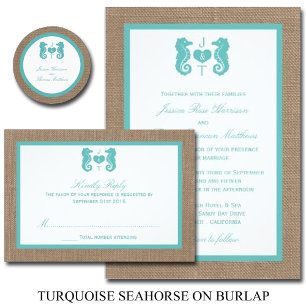 Invitation Turquoise Seahorse Burlap Beach Wedding Collection