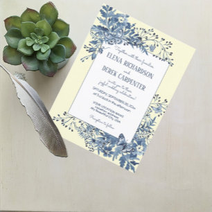 Invitation Bleu Duché, Jaune Floral Aquarelle Mariage