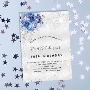 Birthday Silver Blauwe Filorals Begrotingsuitnodig Flyer
