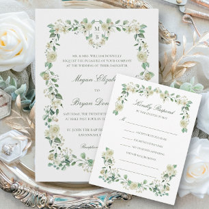 Invitation Megan White Roses Verdure Mariage chrétien