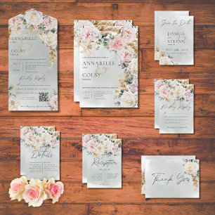 Save The Date Boho Pampas & Roses Rose Mariage vert
