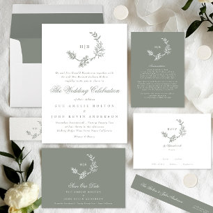 Cartons Réponse Floral Sage Green Monogramme Classic Wreath