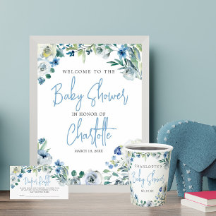 Carte D'accompagnement Élégant Baby shower Floral Bleu Raffle