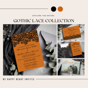 Invitation Dentelle gothique Halloween Mariage noir orange