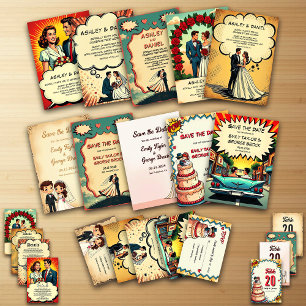 Invitation Mariage de style comique Retro Bride & Groom Pop