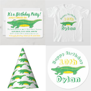 Invitation Anniversaire Jaune Alligator Vert Crocodile