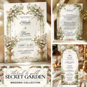 Menu Elégant Blush Gold Floral Arch Vintage Mariage