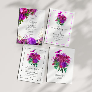  Fuchsia en Paarse Floral Wedding Kaart