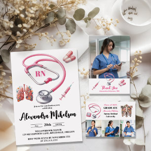 Invitation Ecole de soins infirmiers rose aquarelle
