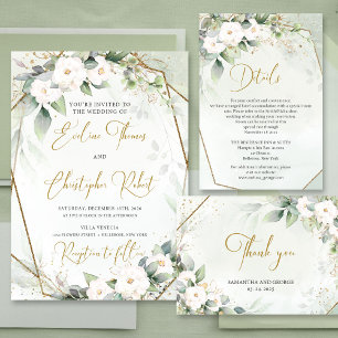 Programme Boho aquarelle or cadre verdure et rose blanche