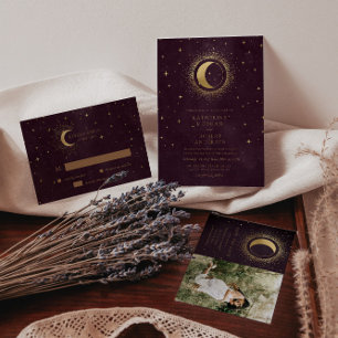 Invitation Céleste Bourgogne Or Lune Et Étoiles Mariage