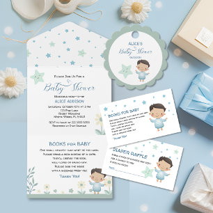 Invitation Oh Garçon Pastel Vert & Bleu Étoiles & Fleurs mign