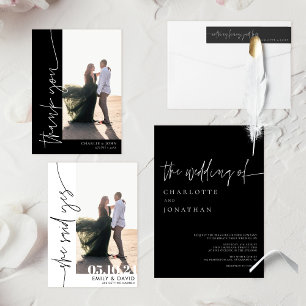 Carte De Remerciements Chic Modern Photo simple Mariage noir et blanc