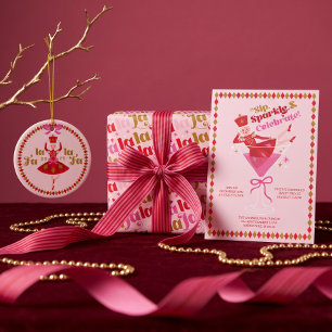Papier Cadeau Fa La La Ruban à Nœud Rose Festif Noël