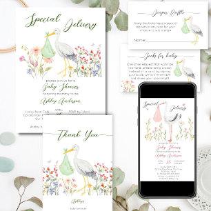 Invitation Baby shower de fleurs printanières de cigogne spéc