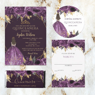 Invitation Papillon floral pourpre or Quinceañera