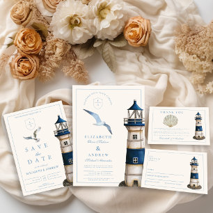 Invitation Elégant aquarelle Mariage phare nautique