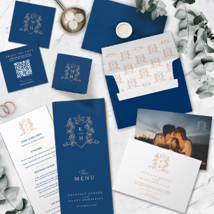 Invitation Tout En Un Mariage bleu foncé rose or couronne photo monogram