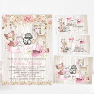 Invitation Baby shower animal de bois de forêt Rose broussail