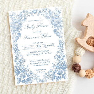 Sticker Rond Elégante French toile bleu baby shower faveur