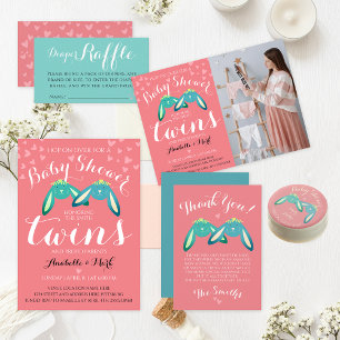 Carte De Remerciements Cute Twin Bunnies Baby shower Pink Pastel Party