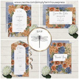 Invitation Tout En Un Dîner Floral Rustique Bleu & Rouille Orange Brûlé