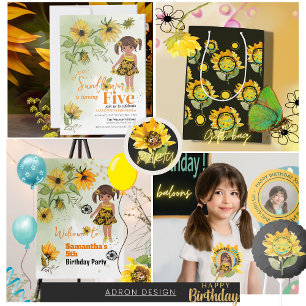 Invitation Fleur de soleil mignonne Aquarelle fille Noir Anni