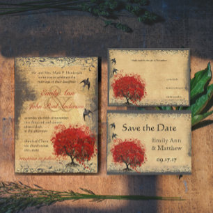 Invitation Mariage Inséparable Rustic Heart Leaf Red Tree