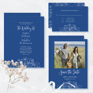 Carte Fleur sauvage Royal Bleu Blanc Boho Wedding RSVP