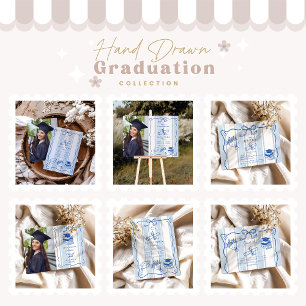 Invitation Graduation Bleue Tirée À La Main Rétro