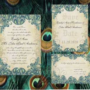 Invitation Royal Blue Green Feathery Paisley Peacock Mariage