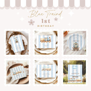 Invitation Train bleu vintage 1er anniversaire