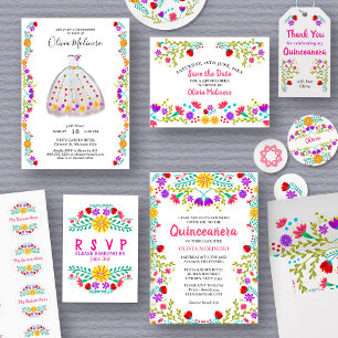Invitation Fiesta mexicaine Blanc Floral Charro Quinceanera