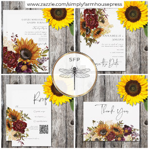Invitation Tournesols Rustiques d'été & Bourgogne Floral